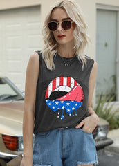 Lip Printed Round Neck Sleeveless Tank Top