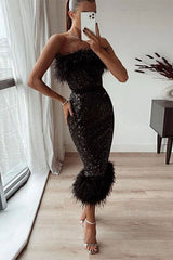 Breast Wrap Sequin Feather Wrap Hip Dress