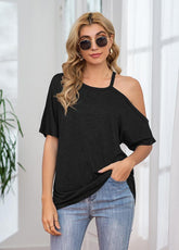 Cold Shoulder Short Sleeve Solid Color T-shirt