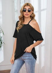 Cold Shoulder Short Sleeve Solid Color T-shirt