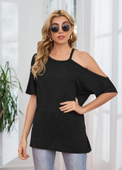 Cold Shoulder Short Sleeve Solid Color T-shirt