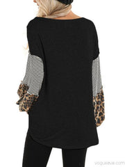 Leopard Stripes Print Lantern Sleeve Tops