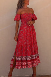 Francisca Boho Floral Smocked Off Shoulder Midi Dress