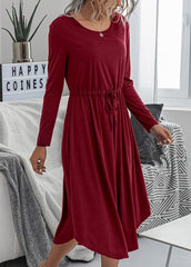 Long Sleeve Solid Color Round Neck Mid Calf Dress