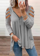 Cold Shoulder Zipper V Neck Long Sleeve T-shirt