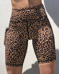 Leopard Print Pocket Side Butt Lifting Biker Shorts
