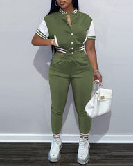 Striped Slant Pocket Button Down Baseball Jacket & Pants Set