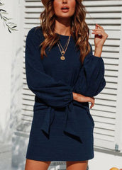 Long Sleeve Solid Color Round Neck Dress