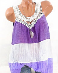 Colorblock Guipure Lace Ruched Sleeveless Blouse