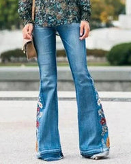 90s Vintage Floral Embroidery Side Flare Jeans