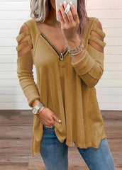 Cold Shoulder Zipper V Neck Long Sleeve T-shirt