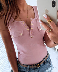 Solid Ribbed Button Front Tank Blouse