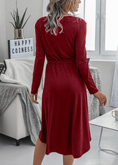 Long Sleeve Solid Color Round Neck Mid Calf Dress