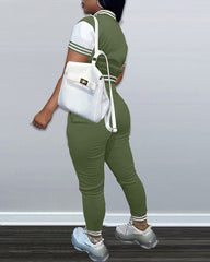 Striped Slant Pocket Button Down Baseball Jacket & Pants Set