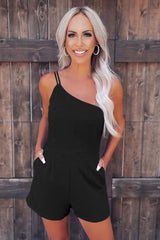 Blue One Shoulder Invisible Zip Side Pocketed Romper