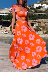 Square Collar Ruffle Crop Top Maxi Swing Skirt Printed Set
