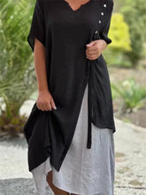 Fashion V-neck Short-sleeved Fake Two Pieces Asymmetric Dresses Spring and Summer New Irregular Dress Comfortable Casual Wind