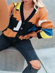 Colorful Puzzle Button Front Abstract Cardigan