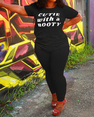 Letter Print Short Sleeve T-Shirt & Pants Set