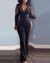 Sheer Mesh Insert Plunging Neck Jumpsuit