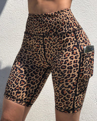 Leopard Print Pocket Side Butt Lifting Biker Shorts