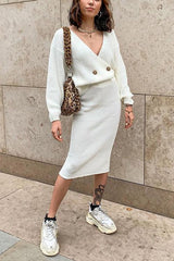 Button Knit Cardigan Skirts Set