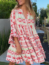 Boho V Neck Geometric Print Contrast Dress