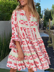 Boho V Neck Geometric Print Contrast Dress