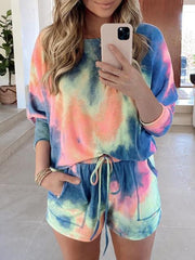 Casual Tie-dye Loog Sleeve Shorts Suit