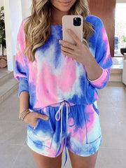 Casual Tie-dye Loog Sleeve Shorts Suit
