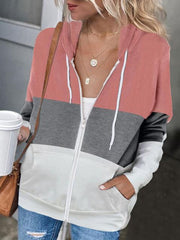 Contrasting Color Zipper Pocket Hooded Sweatshirt