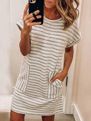 Crew Neck Striped Mini Dress With Pocket