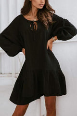 Linen Lace Up Puff Sleeve Mini Dress