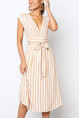 Striped V Neck Wrap Belt Midi Dress