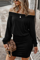 Solid Off Shoulder Long Sleeve Bodycon Mini Dress