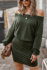 Solid Off Shoulder Long Sleeve Bodycon Mini Dress