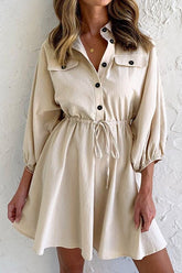Button Draestring Long Sleeve Mini Dress