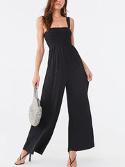 Stretchable Pocket Straps Shirred Wide Leg Jumpsuit