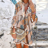 Tassel Beach V Neck Vintage Floral Print Dress