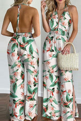 Floral Print Backless Slit Slip Jumpsuits