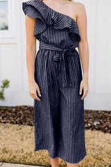 Stripe Ruffles One Shoulder Belted Jumpsuits