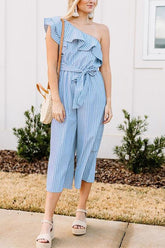 Stripe Ruffles One Shoulder Belted Jumpsuits