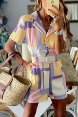 Color Block Button Lapel Short Sleeve Romper