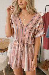 Stripe V Neck Drawstring Romper
