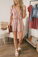 Stripe V Neck Drawstring Romper