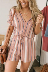 Stripe V Neck Drawstring Romper