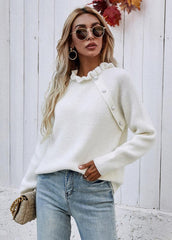 Flouncing Neck Long Sleeve Solid Color Sweater