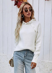 Flouncing Neck Long Sleeve Solid Color Sweater
