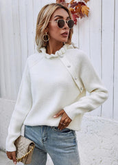 Flouncing Neck Long Sleeve Solid Color Sweater