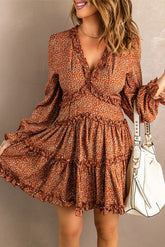 Brown Floral V Neck Dress